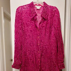 Red Brocade Burnout Velvet Shirt, size M